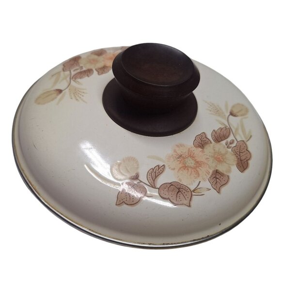 Vintage Metal Lid Pot Pan Brown Flowers Cream 6.5 Inch  Handle Leaves Cookware - Picture 4 of 7